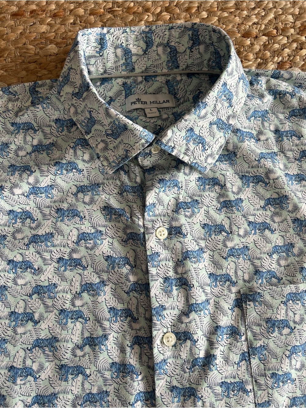 Peter Millar Blue and White Short-Sleeve Button-Down Shirt